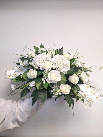 Artificial & Silk All White Tombstone Arrangement