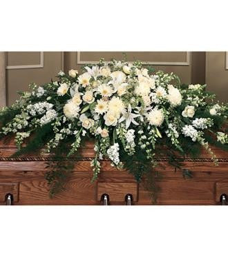Full Casket Spray Styled in All White and Ivory Flowers